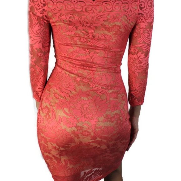 Coral Lace Overlay Dress 3/4 Sleeve Size Small - Picture 7 of 9